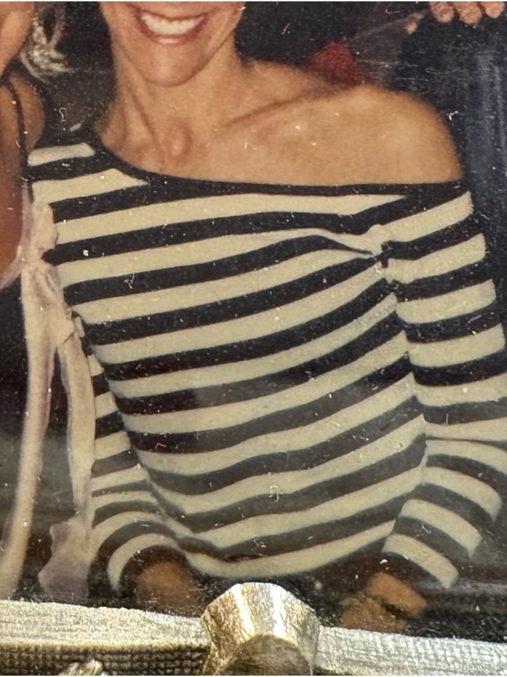 Limited! Off one shoulder, light wt sweater. Small. Ivory/black stripe.